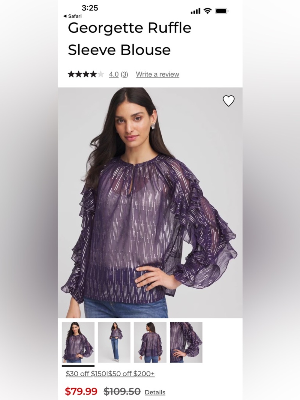 Chico's Sheer Metallic-Striped Georgette Ruffle Blouse - Purple